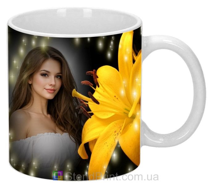 Чашка с фото лилия на чёрном фоне со своим фото заказать