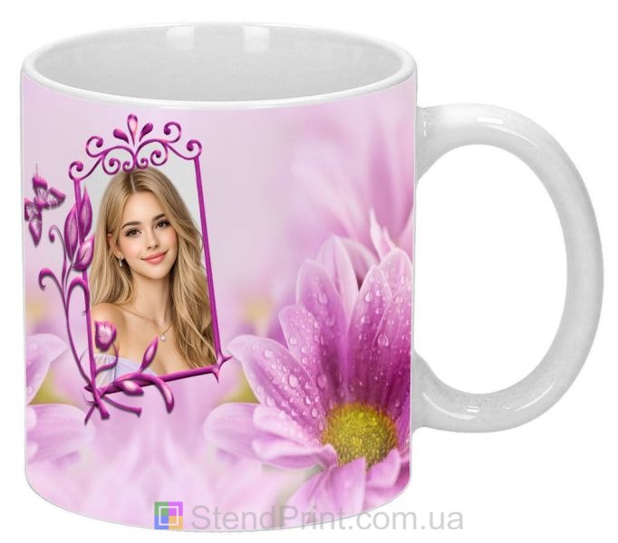 Чашка с фото для девушки с розовым цветком заказать подарок
