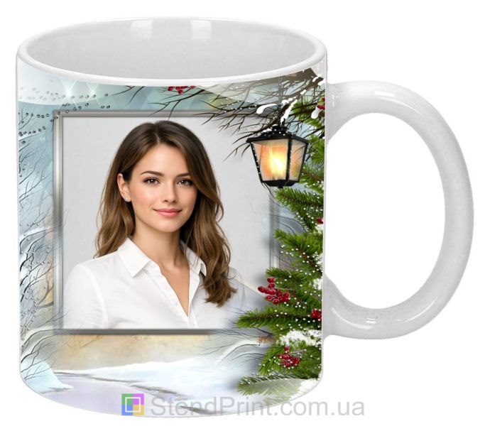 Персональна чашка з фото в зимовому стилі з ялиною та горобиною замовити друк фото онлайн