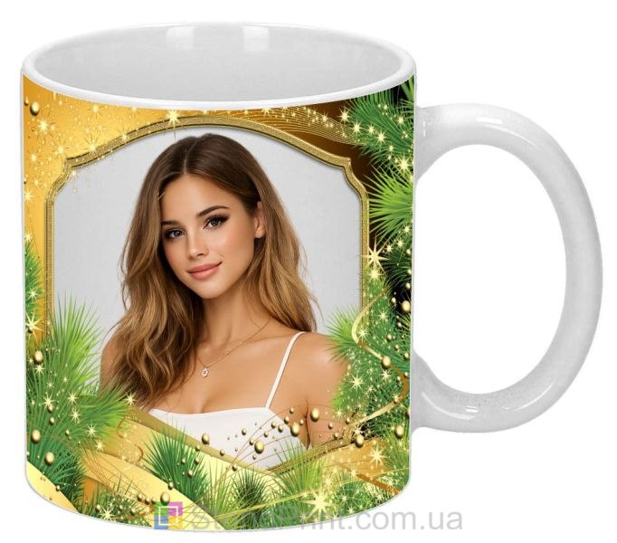 Кружка с фото новогодний подарок для девушки золотой дизайн заказать