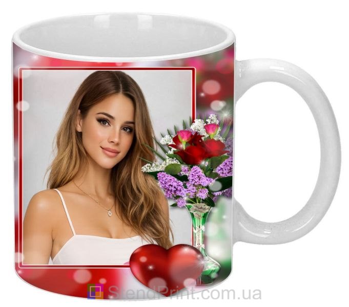 Кружка с фото с розами и сердцем романтичный подарок