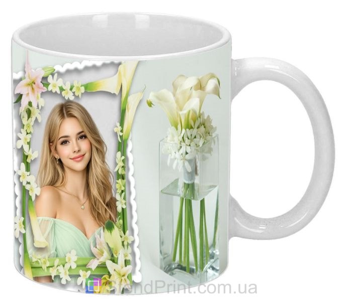 Чашка с фото для девушки с каллами нежный подарок заказать