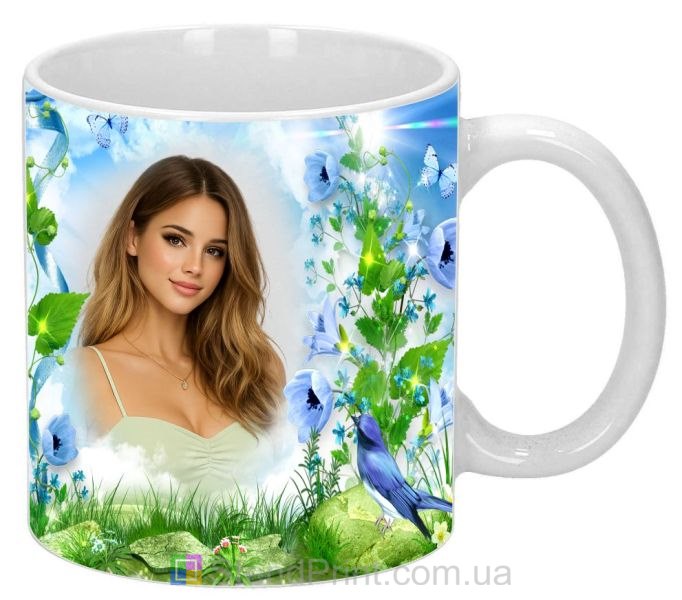 Чашка з фото блакитне небо, квіти та метелики — замовити