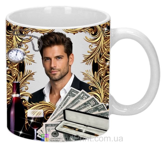Чашка з фото на подарунок чоловіку із золотим декором і грошима