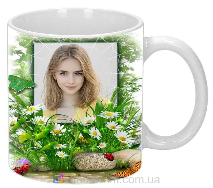 Чашка с фото зелёная трава ромашки природный пейзаж заказать