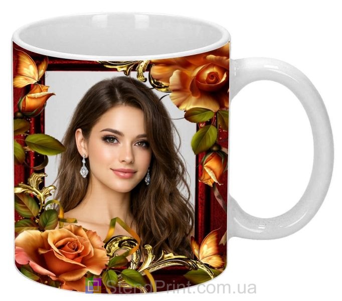 Чашка с фото для девушки с золотыми розами красивый подарок заказать