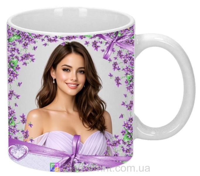 Чашка с фото для девушки с сиреневыми цветами заказать подарок