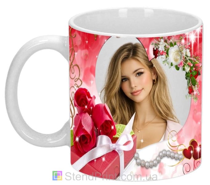 Чашка з фото з трояндами та подарунком романтичний персональний подарунок для коханої замовити
