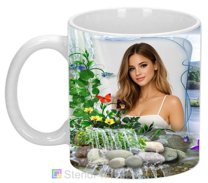 Горнятко з фото водоспад, квіти та метелики, природа — замовити