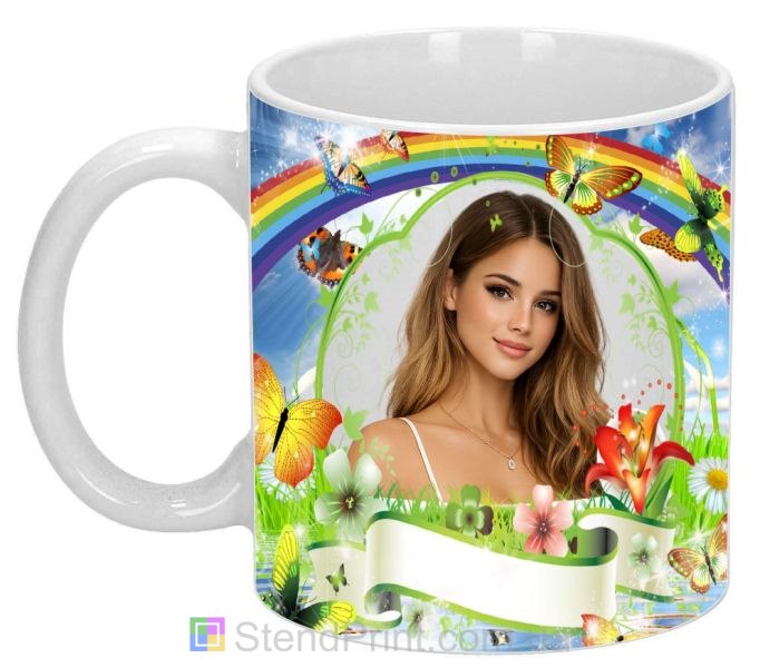 Кружка с фото для девушки яркий дизайн с радугой подарок заказать