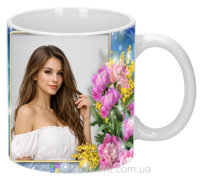 Кружка с фото для девушки нежный подарок с цветами заказать