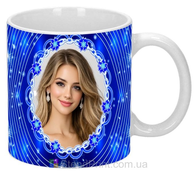 Кружка з фото для дівчини — сині візерунки, стильний подарунок, замовити