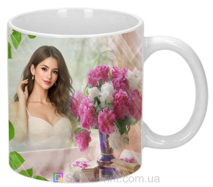 Чашка з фото півонії — весняний букет біля вікна, замовити