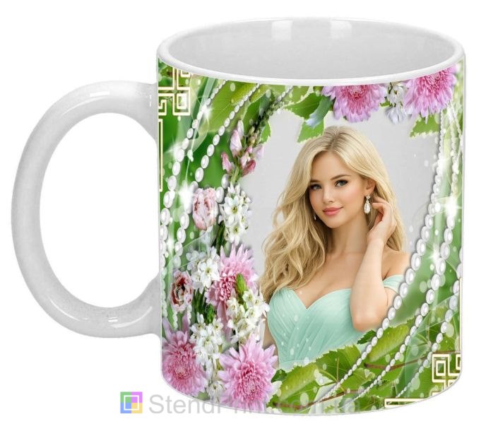 Кружка с фото розовые хризантемы и жемчужные нити заказать подарок