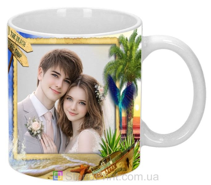 Чашка з фото море, пальми, папуга, човен — замовити