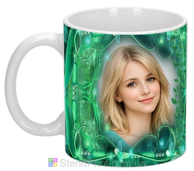Кружка с фото для девушки зелёный волшебный дизайн подарок заказать