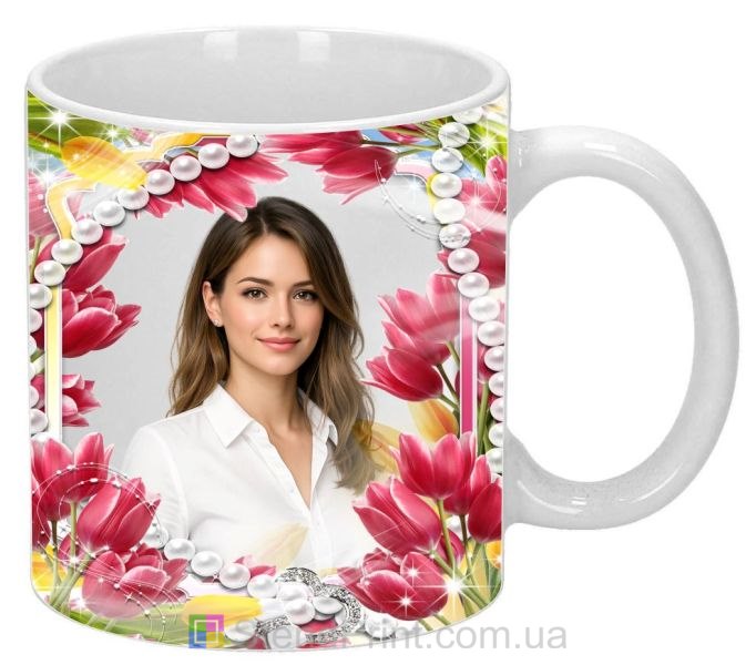 Кружка с фото с тюльпанами и жемчужными бусами нежный цветочный дизайн заказать
