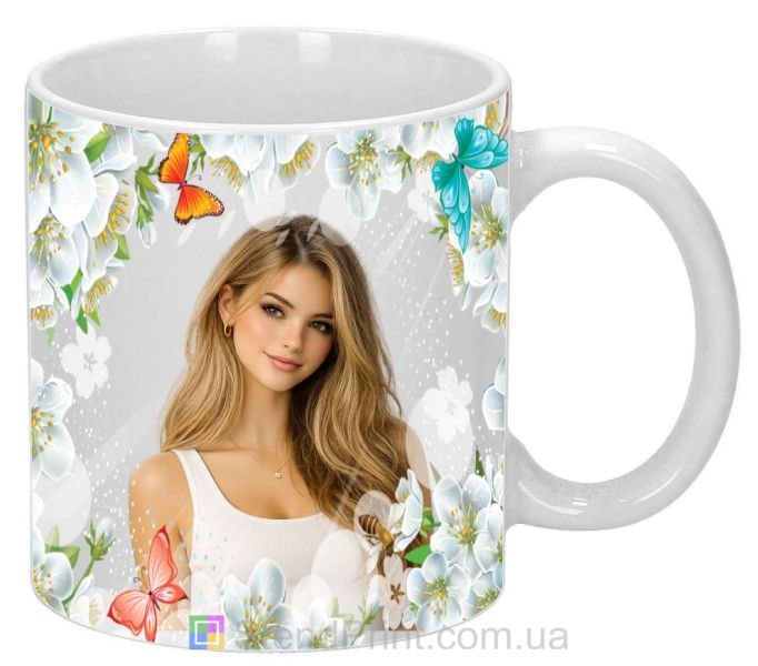 Кружка с фото для девушки с бабочками и цветами заказать подарок