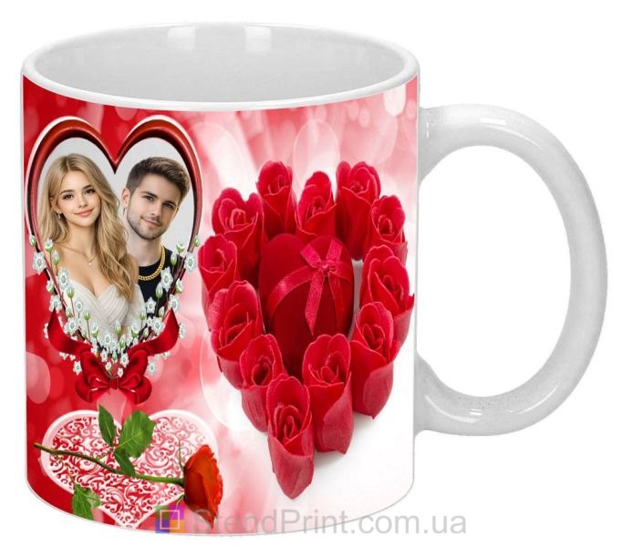 Кружка з фото в серці з червоними трояндами замовити