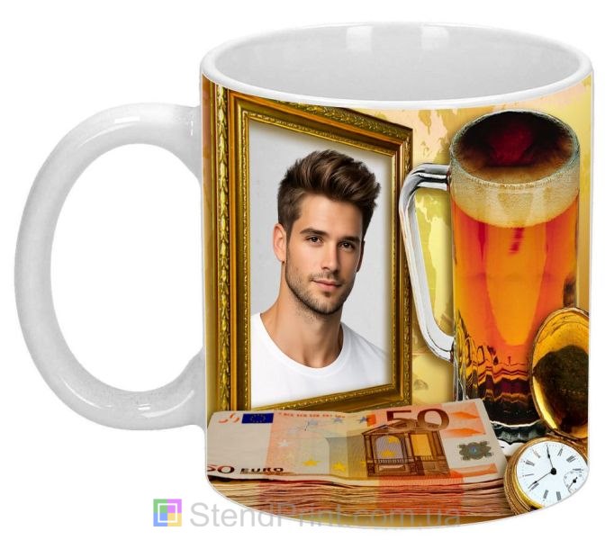 Чашка с фото с бокалом и евро оригинальный персональный подарок мужчине заказать