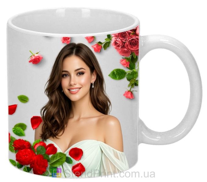 Кружка с фото для девушки с красными розами заказать подарок