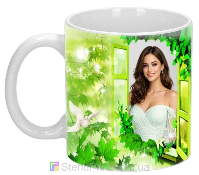 Горнятко з фото із зеленим колажем та голубами ніжний природний дизайн персональний подарунок замовити онлайн