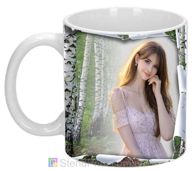 Кружка с фото эффект разорванной страницы и березовый лес персональная печать заказать