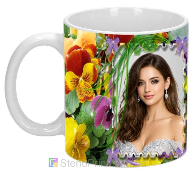 Чашка с фото весенний подарок сестре с анютиными глазками