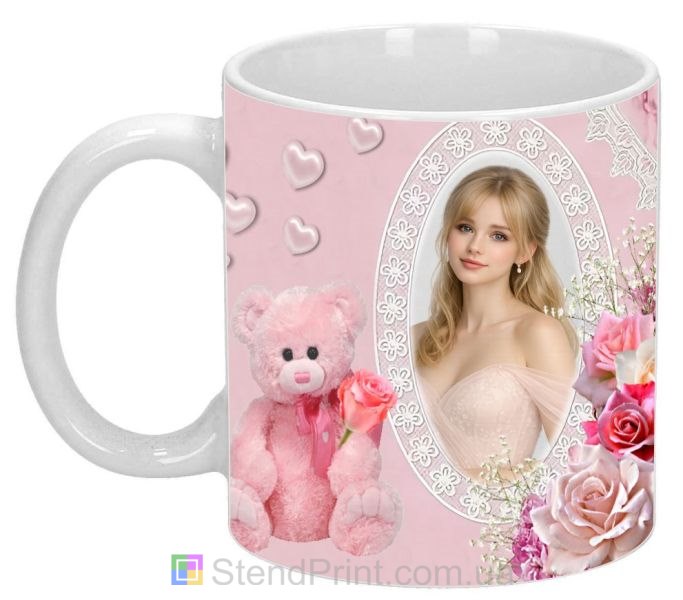 Чашка с фото в розовом стиле с мишкой и цветами нежный подарок заказать