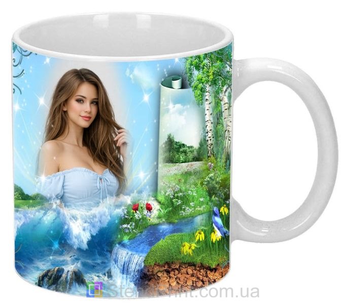 Кружка-колаж із фото природа, струмок, берези та морська хвиля — замовити онлайн