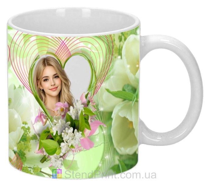 Кружка с фото для любимой с зелёными цветами нежный романтический подарок заказать