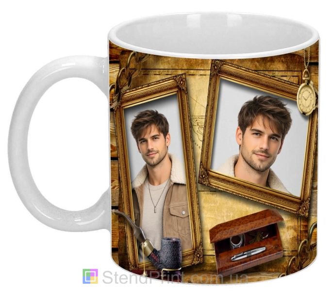 Кружка с фото в винтажном стиле с картой и классическими рамками персональный подарок заказать