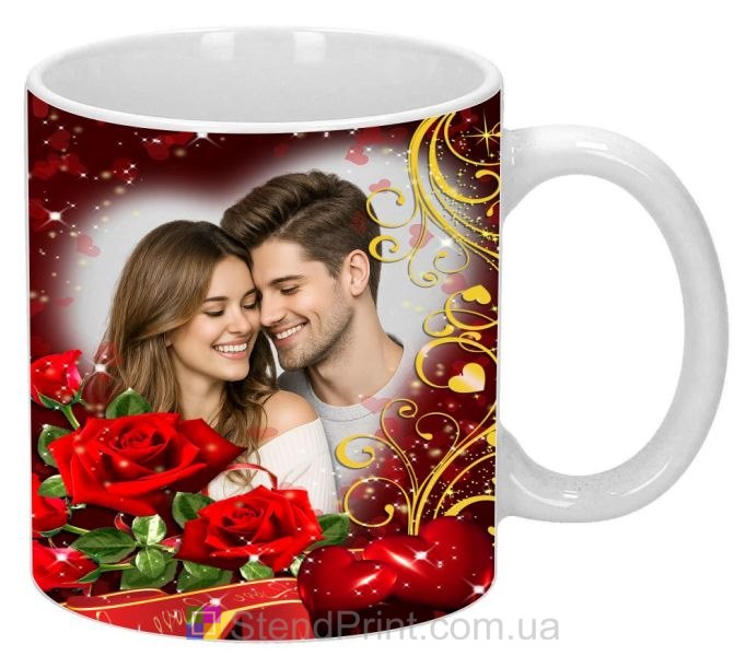 Кружка с фото с красными розами и сердцами романтический персональный подарок заказать