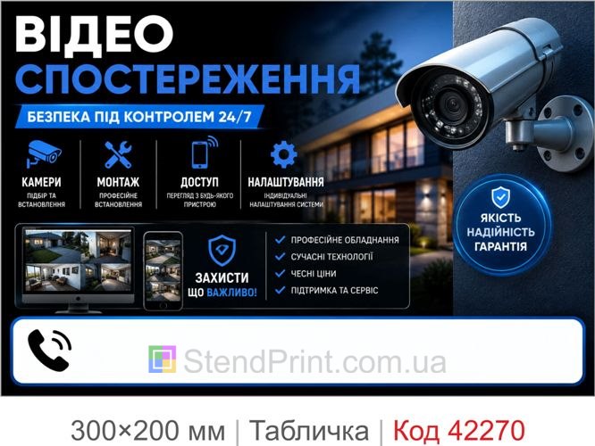 Табличка Відео спостереження з місцем для номера телефона