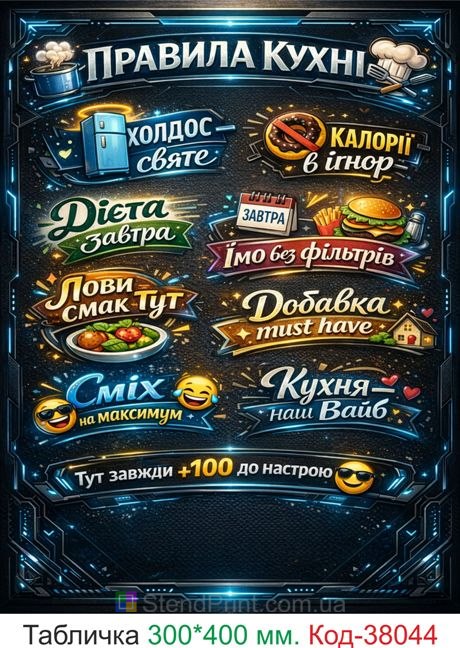 Табличка правила кухні неоновий декор купити