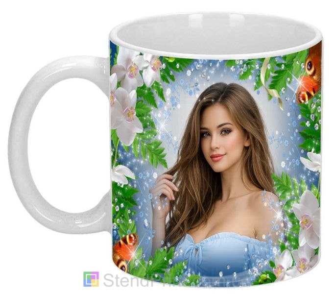 Чашка с фото для девушки с орхидеями и бабочками заказать подарок