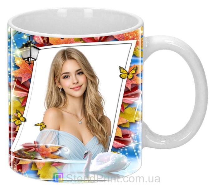 Кружка з фото осінь, кленове листя та лебідь — іменний друк на кружці
