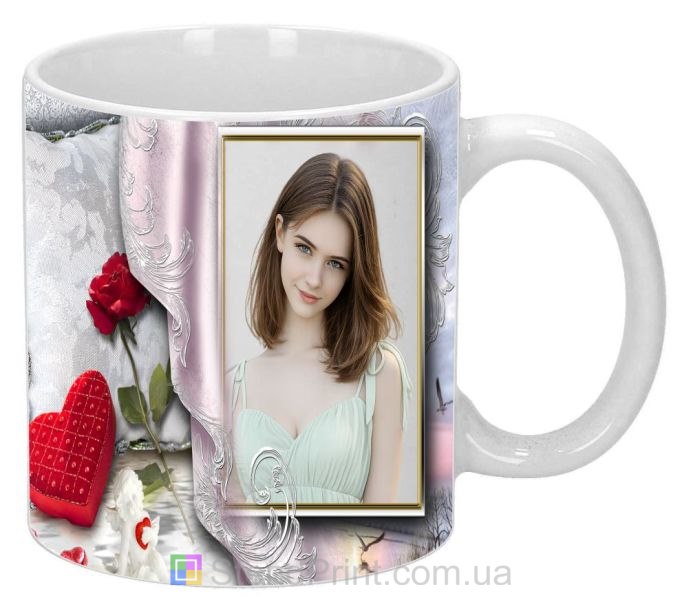 Кружка з фото в шовковому оформленні — вишуканий подарунок