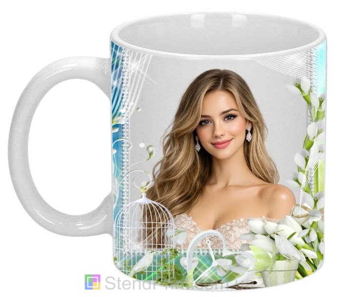 Кружка с фото для любимой с белыми цветами нежный романтический подарок заказать