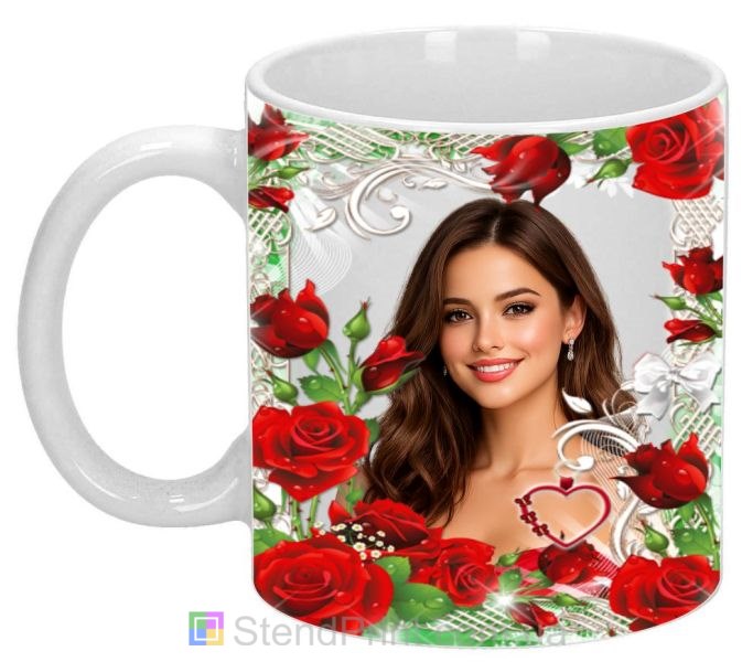 Фотокружка з червоними трояндами та серцем подарунок коханій на 14 февраля