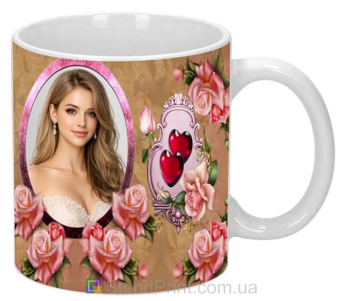 Кружка с фото с розами и сердцами романтичный персональный подарок женщине заказать