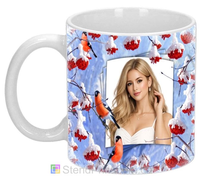 Кружка з фото зима горобина в снігу та снігурі персональний друк
