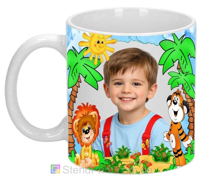 Детская кружка с фото львёнок и тигрёнок среди пальм