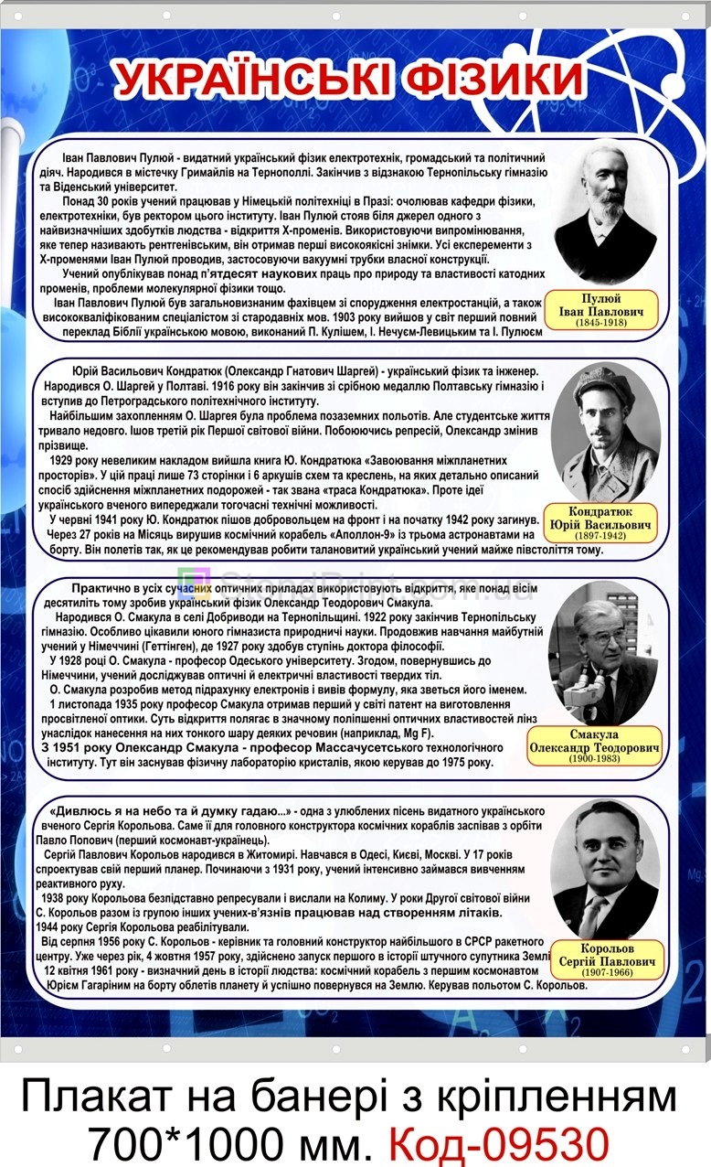 Українські фізики Плакат на банері з направляючими в кабінет фізики