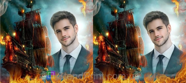 Чашка з фото на подарунок чоловіку зі старовинним вітрильником і вогнем