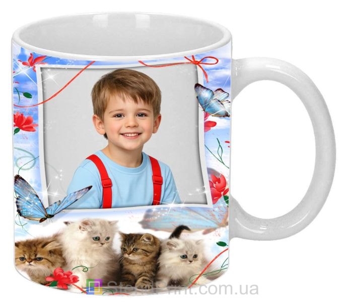 Кружка з фото кошенята квіти метелики замовити