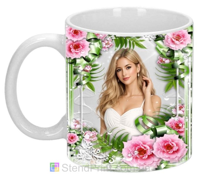 Чашка з фото троянда та зелене листя дизайнерська зі своїм фото замовити