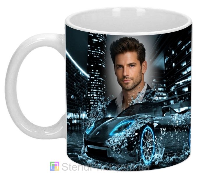 Чашка с фото на подарок мужчине с неоновым городом и авто