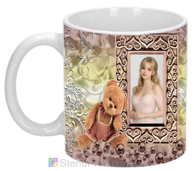 Чашка с фото для любимой с мишкой и нежным коллажем романтический подарок заказать