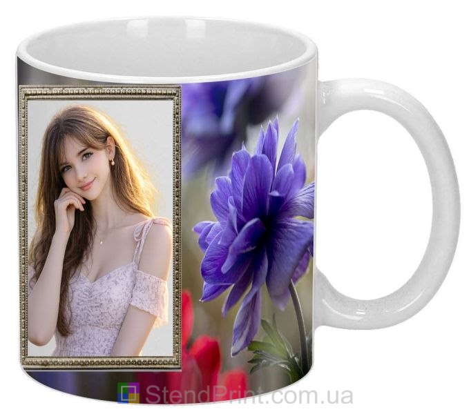 Кружка з фото з фіолетовими квітами подарунок для коханої дівчини